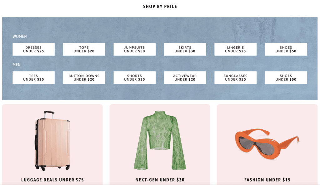 Webpage section displaying categorized fashion items with free tools for price filters: women's clothing, men's clothing, and accessories.